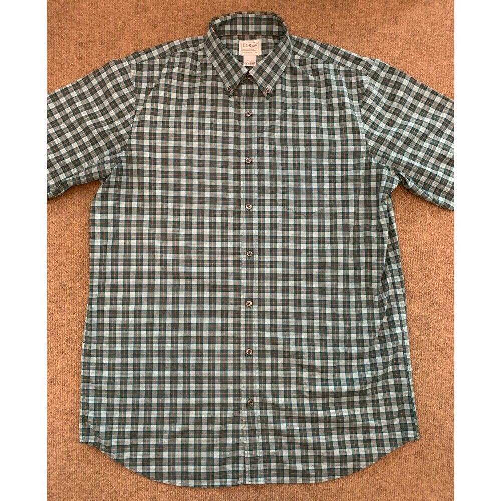 LL Bean Shirt Mens L Tall Traditional Kennebunk Plaid Short Sleeve Wrinkle-Free
